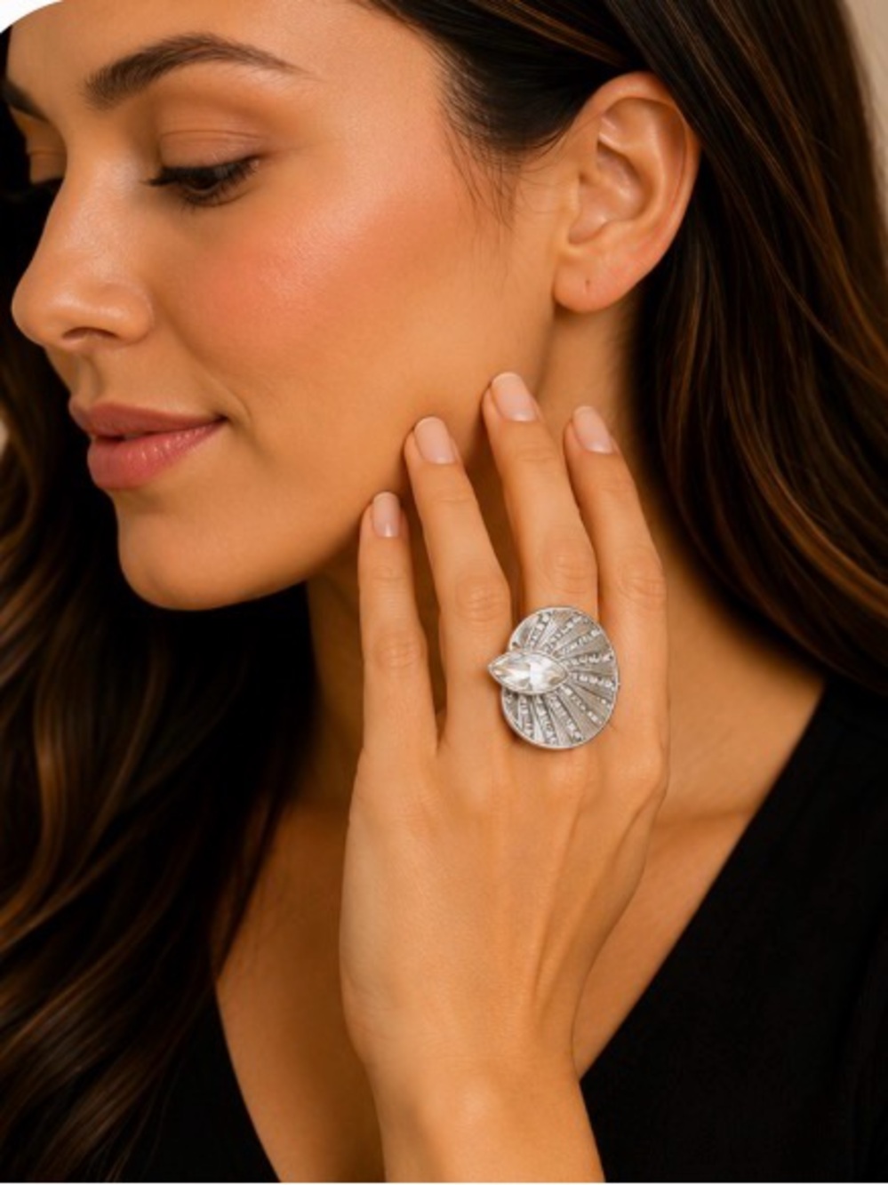Paparazzi Silver Statement Stretch Ring,  Crystal Rhinestone Cocktail Ring, NWOT